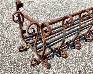 Long Cast iron window box, beautifully weathers. Can also be used as a pots or dish rack in the kitchen for that beautiful farmhouse look. All scrolled wrought iron. Measures 49" x 11" x 10." $89