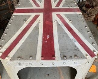 Large industrial Union Jack hand painted table. Vintage. Heavy and super cool. Beaded edges. Measures 4 feet long x 28" across x 14" high. One of a kind ! Came out of a house in Maine. $325