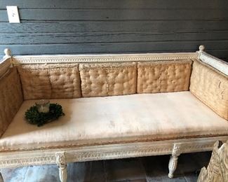 1800's Stunning antique swedish sofa.  Original paint and fabrics.  Very detailed carvings.  Wear normal with age.  A real statement piece. $2,250  70" long x 26" deep x 35.5" high