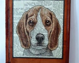 Great art. A vintage old leather book cover with an illustration of dog on old book page overlaid on the cover. Measures 9 1/2" x 6". Great decor. $22