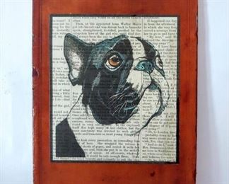 Great art. A vintage old leather book cover with an illustration of dog on old book page overlaid on the cover. Measures 9 1/2" x 6". Great decor. $22