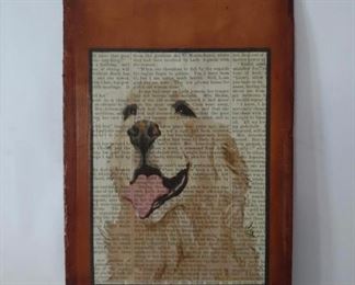 Great art. A vintage old leather book cover with an illustration of a Golden Retriever on old book page overlaid on the cover. Measures 9 1/2" x 6". Great decor. $22