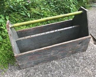 Vintage wood and metal tool caddy. Original paint. Grey/Blue and with greenish handle. Measures 22" x 12" x 11." Great look. Sturdy. $35
