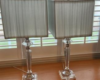 $30- Pair of Blue Shade Clear Base Lamps. 10”W x 27”H