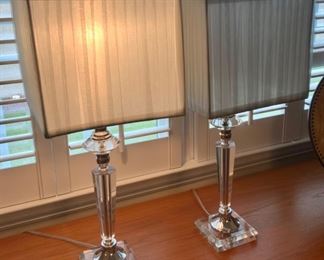 $30- Pair of Blue Shade Clear Base Lamps. 10”W x 27”H