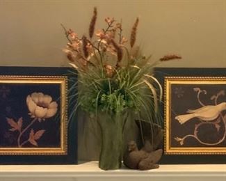 $35 Lot- Pictures, Bird Figurine, 2 Iron Wall Scones, Flower arrangement in a Vase.   