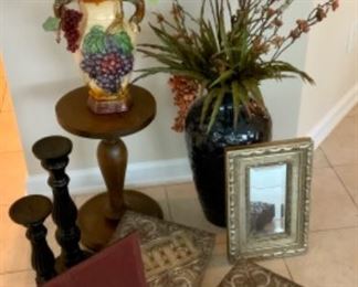 $65 Lot- Wooden Box, 2 Plaques Hope & Faith, 2 Tall Black Candle Sticks, Mirror, Antique Oak Pedestal, Large Navy Blue Vase with  Arrangement, Ceramic Vase Filled with Grapes.