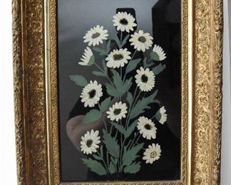 Handpainted daisys on glass $40
OD of frame: 12" x 16" x 2" Some loss of moulding on the frame in upper left corner as shown. No markings on back.