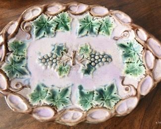 Antique Etruscan Majolica Grapes Plate  $35
10" x 6.5" wide. Small chip on one end affecting the glaze. Small chip in glaze on edge.