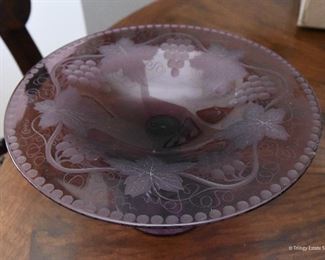 Purple etched glass grapes and leaves footed compote $25
Some fleabite chips on edges. 8" diameter, 4" tall