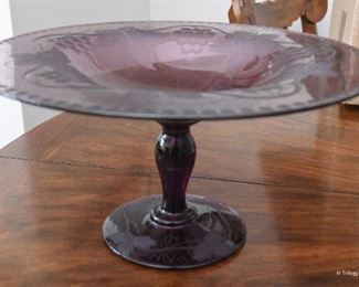 Purple etched glass grapes and leaves footed compote $25
Some fleabite chips on edges. 8" diameter, 4" tall