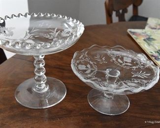 Needle Etched footed compote $22
4.25" round, 3" tall
Etched flower / cut glass footed compote $22
5.5 Diameter, 5" tall