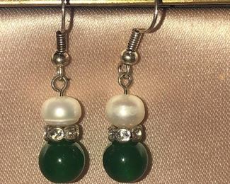 Pair of Faux Pearl and Green Stone Earrings $12