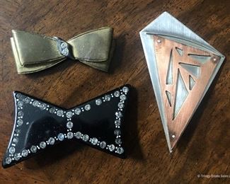 Vintage Gold/brass tone Bow Pin $8
Vintage Black Celluloid Bow SOLD
Contemporary Copper and metal pin $16