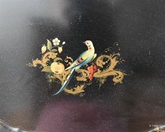 Large Oval tole painted tray $40
with flowers around the edges, gold gilt ornamental decorations and bird in the center with fruit. 29" long x 22" wide
