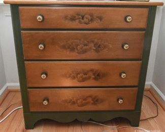 Hitchcock Chest of Drawers $95
Green with natural wood tole painted drawers
32" wide, 18" deep, 33" tall