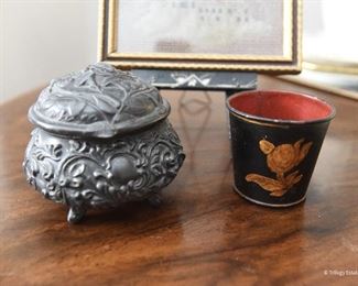 Base metal Footed Pot with Hinged Lid $8
Small Tole Painted Metal Cache Pot $10