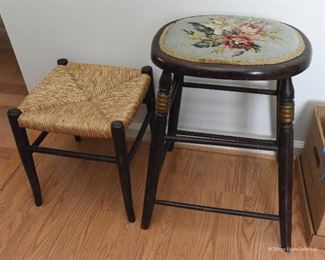 Rush footstool $25
12"x 12" x 14"
Needlepoint Stool $30
Approximate footprint 16" x 16", seat height 30"