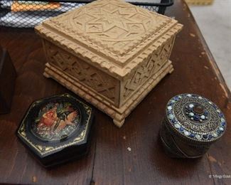 Carved Wood Box $8
Small Russian Painted Lacquer Box SOLD
Small Jeweled Filigree Round Box SOLD