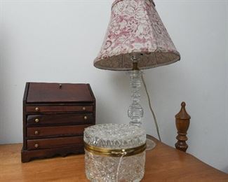 Mini Dropfront Secretary SOLD
Glass Lamp $22
Glass Lidded Box SOLD