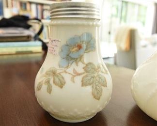 Milkglass sugar shaker $15
painted with blue flowers. Circa 1920s. 5" tall