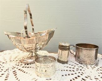 Lot of small sliverplate items, including bridal basket $35 "Wendy" cup is SOLD