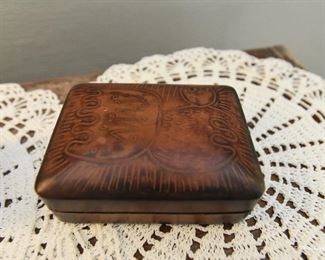 Embossed leather box $12
4.5" x 3.5" x 2" Leather is continuous on back side to act as a hinge for the lid.