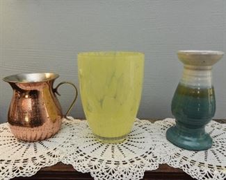 Copper pitcher, etched design. 6" tall $8
Yellow/green vase, 8" tall $8
Ceramic pillar 8.5" tall $5
