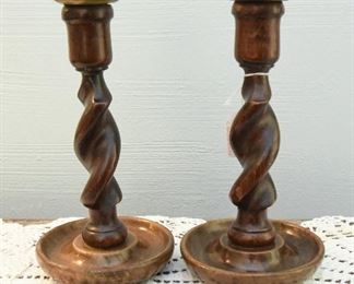 Late 19th century English oak barley twist candlesticks $48
with brass bobeche. The bobeche can be replaced. 8" tall, 4.5" diameter at base.