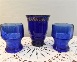 Cobalt Glass Vase $8
5.25" tall x 4.25" wide
Pair Cobalt blue tumblers SOLD