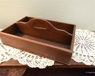 Vintage wood caddy $12
12.25" x 8.25" x 4.5" tall at top of handle