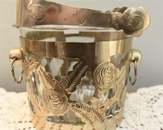 Sugar Cube bucket with silver-tone metal overlay and matching tongs. $14
5.25" tall, 7" wide