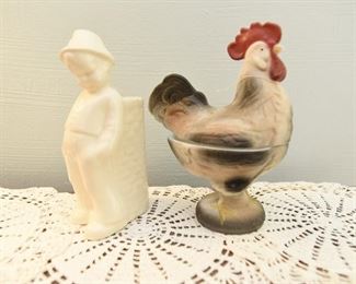 White ceramic boy with bud vase 8.5" tall $6
Painted Milk glass Rooster dish 9" tall $9