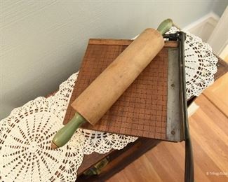 Milton Bradley 10" guillotine paper cutter SOLD
Wood rolling pin with green handles
Vintage Rolling Pin SOLD