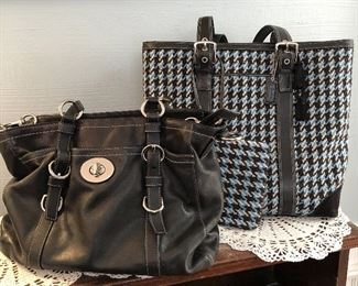 Large Black Leather Coach Bag $35
Blue and Black Houndstooth Coach Tote with Wristlet $55