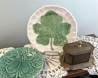 Two majolica plates $5 each
9" , 7"
Brass jewelry casket with hinged lid $6
6.5" long, 4" wide, 4" tall