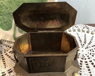 Brass jewelry casket with hinged lid $6
6.5" long, 4" wide, 4" tall