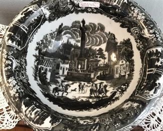 Reproduction Ironstone Bowl $24
black tansferware. 12" diameter, 4.75" deep