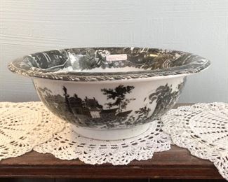 Reproduction Ironstone Bowl $24
black tansferware. 12" diameter, 4.75" deep
