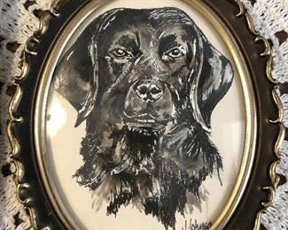 Pen and Ink drawing with gouache of dog $16
Oval frame 4x5
