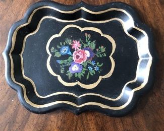Small Tole Painted Tray With Pink and Purple Flowers $15