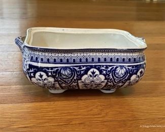 Blue and white serving bowl with missing lid $15 Would make a lovely planter