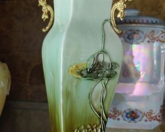 art nouveau vase with brass trim