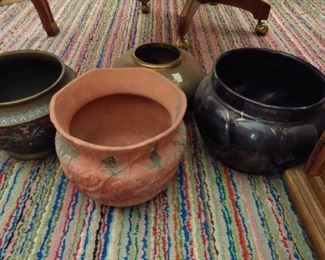 assortment of pottery, ceramic and brass pots