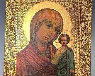 Russian Madonna & Child Icon on Wooden Board