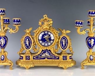 Louis XV Gilt Bronze & Porcelain Clock Garniture