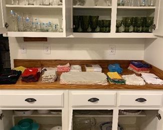 Casual glassware, linens, Pyrex, dishes