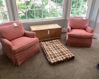 Club chairs, pine chest, large rug