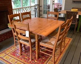 Pine table and 6 chairs, bamboo slat rug