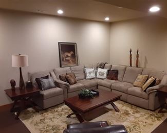 7 piece sectional with manual recliners (x2), end tables and convertible coffee table, assorted lamps and figures